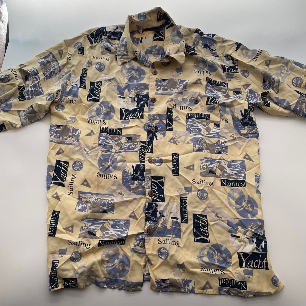Bobby Chan Nautical Yacht Size L Beach Vacation 100% Silk Print Mens Shirt